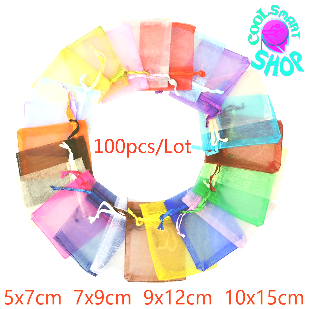 100pcs 24 Colors Jewelry Packaging Bag 5*7 7*9 9*12 10*15cm Organza Bags Gift Storage Wedding Drawstring Pouches Wholesales