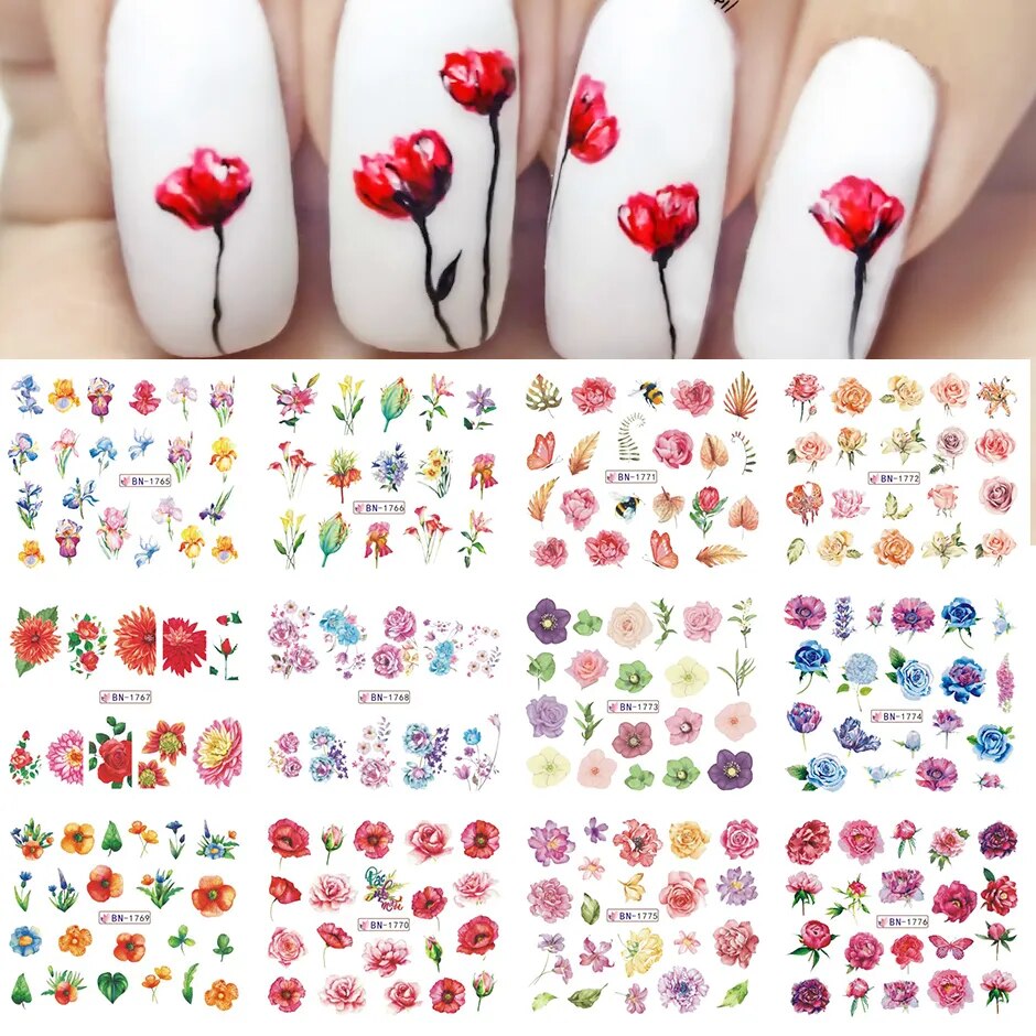 12pcs Valentines Manicure Love Letter Flower Sliders for Nails Inscriptions Nail Art Decoration Water Sticker Tips GLBN1489-1500 BN1765-1776