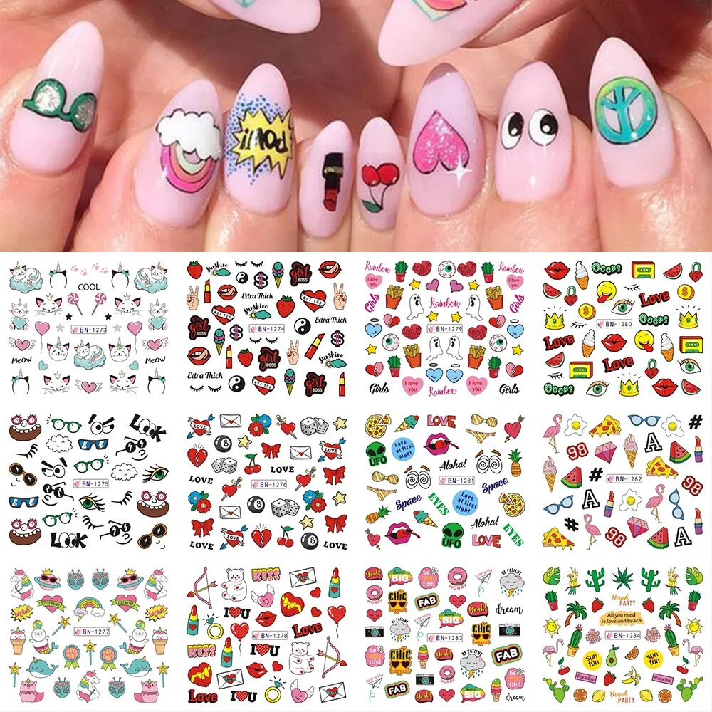 12pcs Valentines Manicure Love Letter Flower Sliders for Nails Inscriptions Nail Art Decoration Water Sticker Tips GLBN1489-1500 BN1273-1284