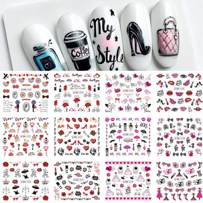 12pcs Valentines Manicure Love Letter Flower Sliders for Nails Inscriptions Nail Art Decoration Water Sticker Tips GLBN1489-1500 BN1069-1080