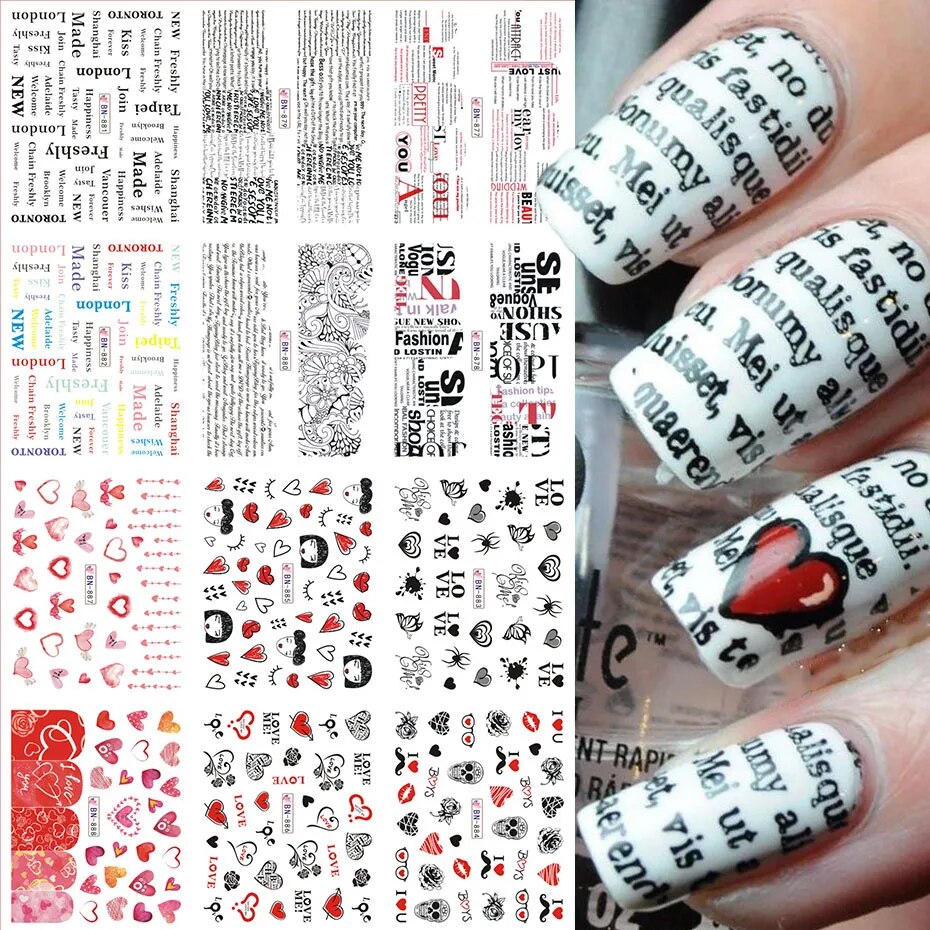 12pcs Valentines Manicure Love Letter Flower Sliders for Nails Inscriptions Nail Art Decoration Water Sticker Tips GLBN1489-1500 BN877-888
