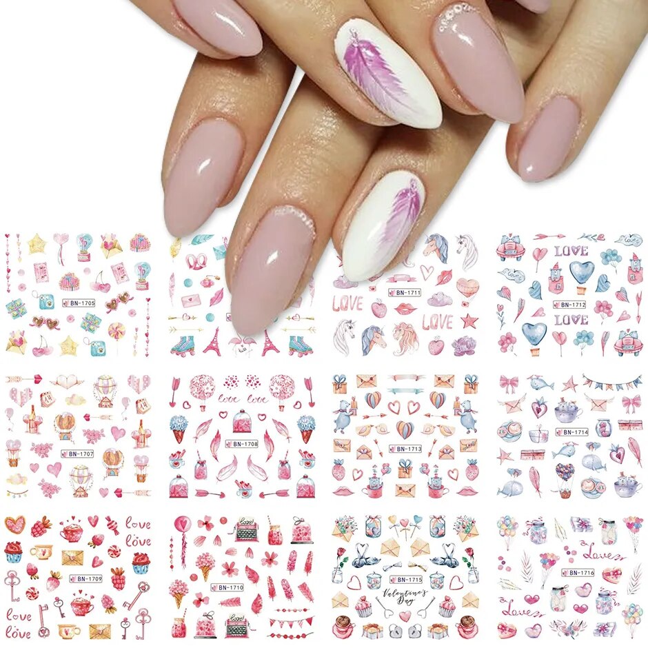12pcs Valentines Manicure Love Letter Flower Sliders for Nails Inscriptions Nail Art Decoration Water Sticker Tips GLBN1489-1500 BN1705-1716