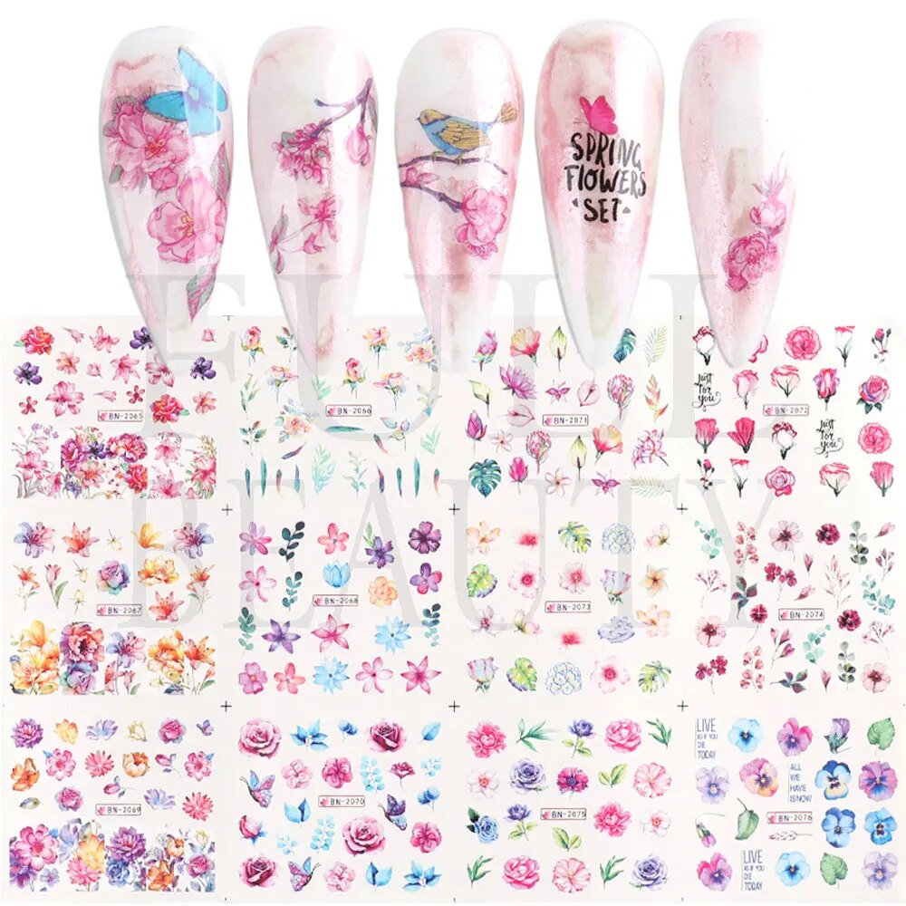 12pcs Valentines Manicure Love Letter Flower Sliders for Nails Inscriptions Nail Art Decoration Water Sticker Tips GLBN1489-1500 BN2065-2076