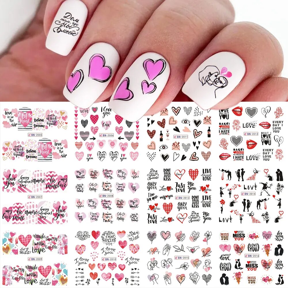 12pcs Valentines Manicure Love Letter Flower Sliders for Nails Inscriptions Nail Art Decoration Water Sticker Tips GLBN1489-1500 BN2005-2016