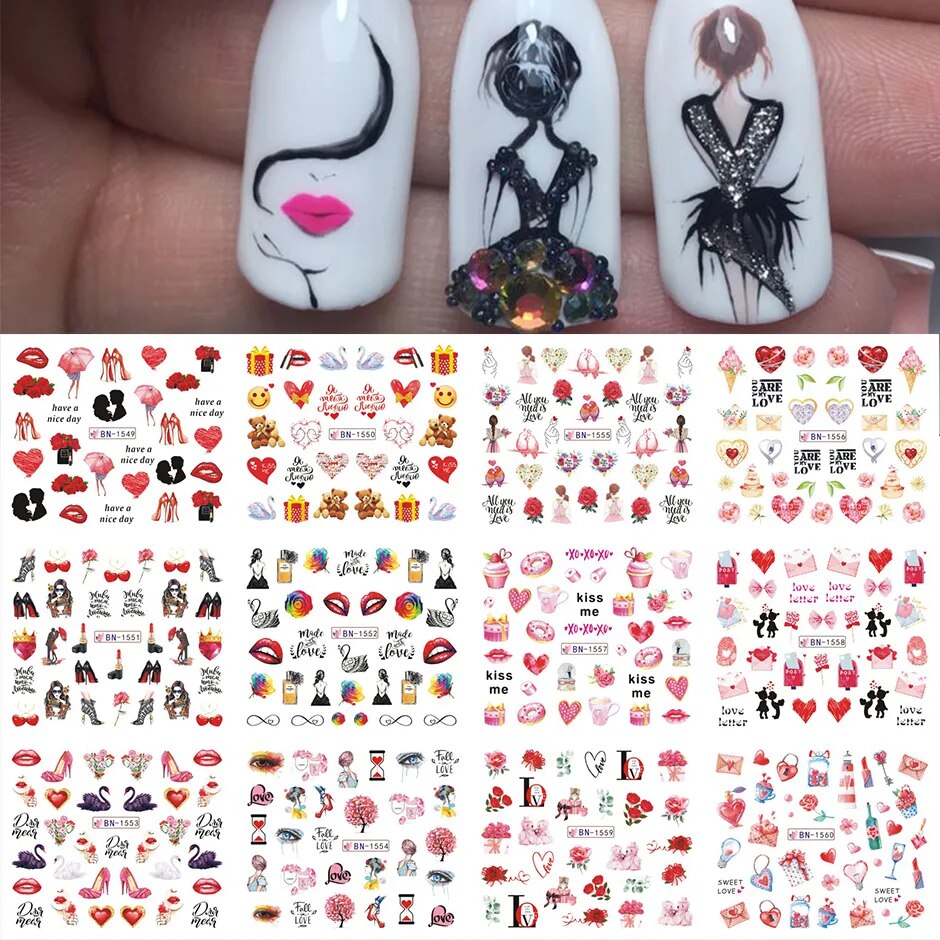 12pcs Valentines Manicure Love Letter Flower Sliders for Nails Inscriptions Nail Art Decoration Water Sticker Tips GLBN1489-1500 BN1549-1560