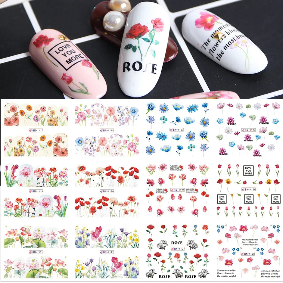 12pcs Valentines Manicure Love Letter Flower Sliders for Nails Inscriptions Nail Art Decoration Water Sticker Tips GLBN1489-1500 BN1117-1128