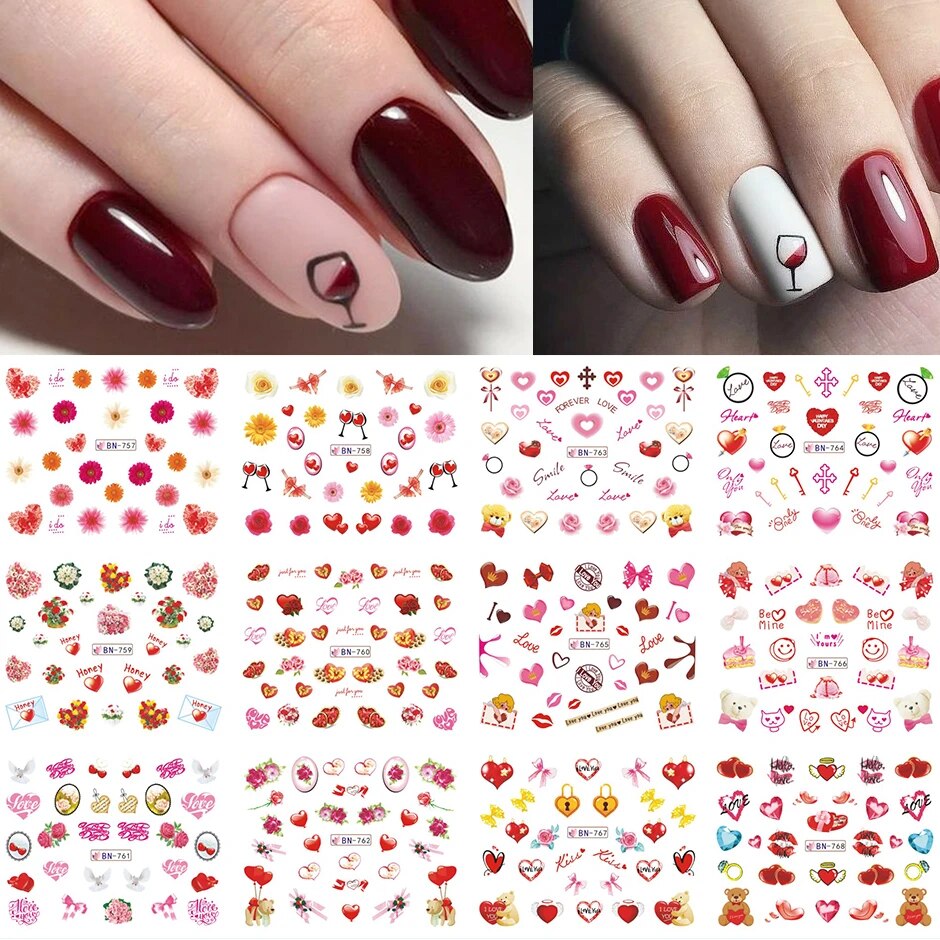 12pcs Valentines Manicure Love Letter Flower Sliders for Nails Inscriptions Nail Art Decoration Water Sticker Tips GLBN1489-1500 BN757-768