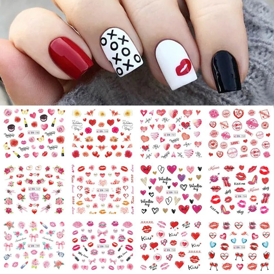 12pcs Valentines Manicure Love Letter Flower Sliders for Nails Inscriptions Nail Art Decoration Water Sticker Tips GLBN1489-1500 BN745-756
