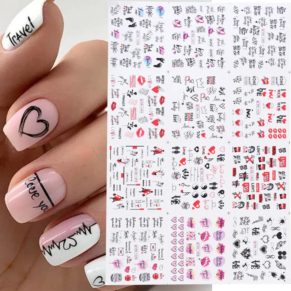12pcs Valentines Manicure Love Letter Flower Sliders for Nails Inscriptions Nail Art Decoration Water Sticker Tips GLBN1489-1500 BN1489-1500