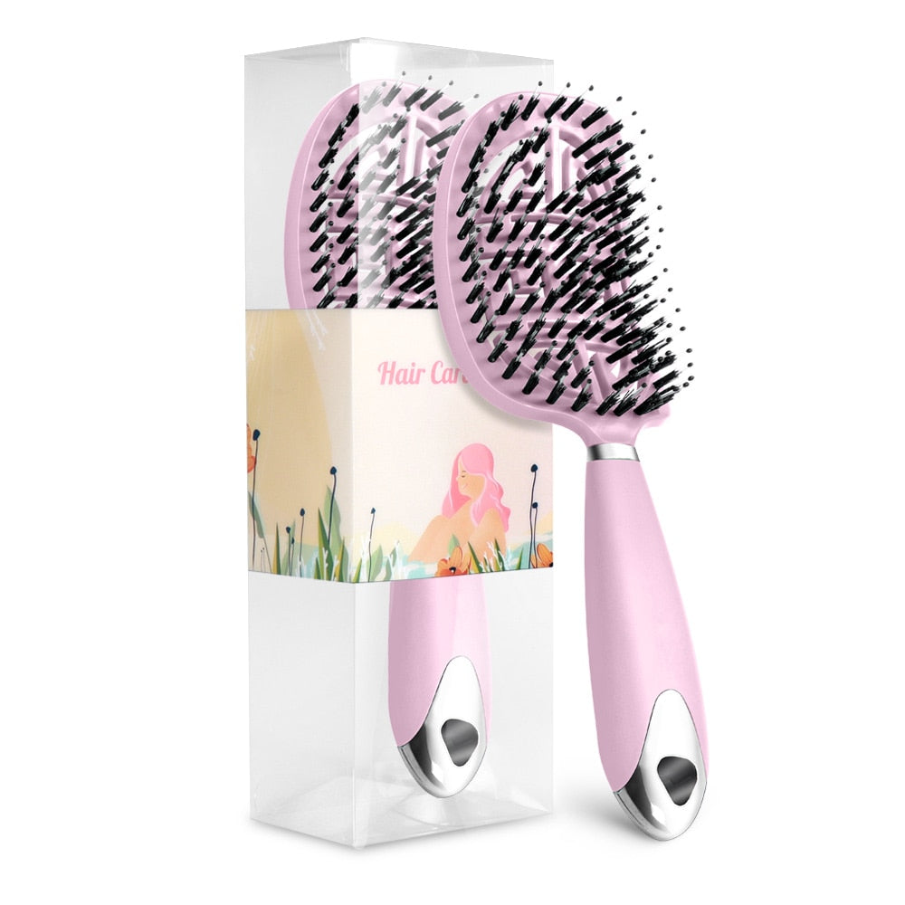 1Pc Curved Vented Hair Comb Massage Hair Brush Detangling Hairbrush Women Fast Blow Drying Wet Dry Curly Hair Styling Tools Pink 02