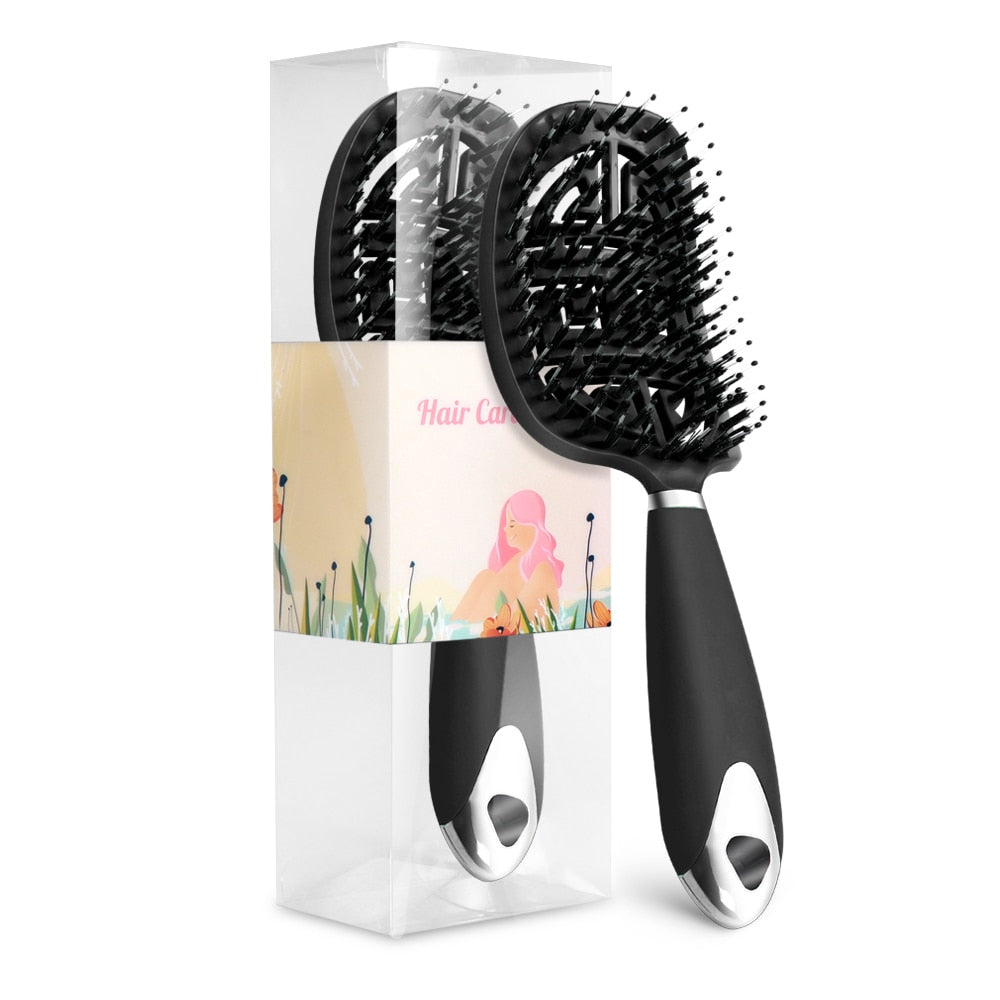 1Pc Curved Vented Hair Comb Massage Hair Brush Detangling Hairbrush Women Fast Blow Drying Wet Dry Curly Hair Styling Tools Black 02