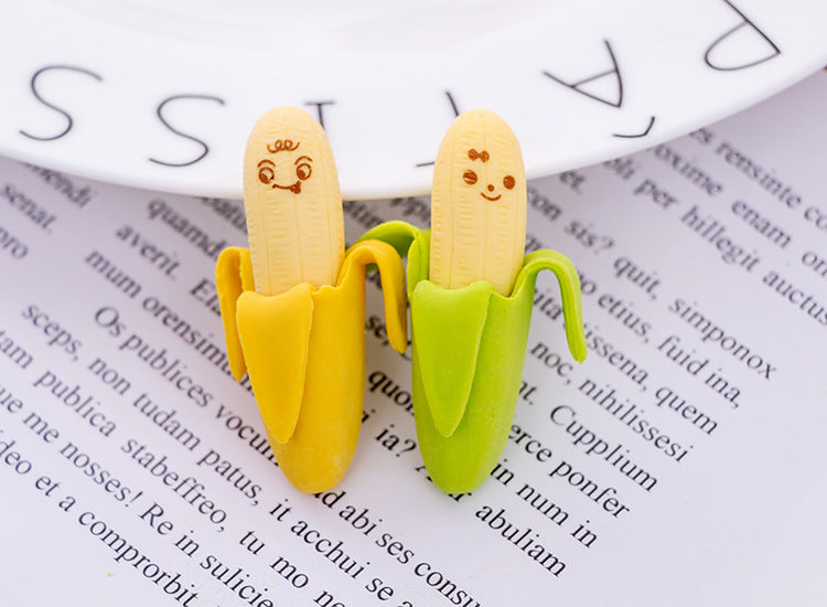 2 Pcs/Set Cute Banana Eraser Pencil Kawaii Creative Fruit Rubber Erasers for Kids School Supplies Gift