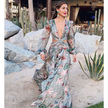 2023 Beach Dress Summer Floral Swimsuit Print Belt Bathing Suit Women Long Cover Up Off Shoulder Beachwear Bandeau Halt Swimsuit LF98167B2