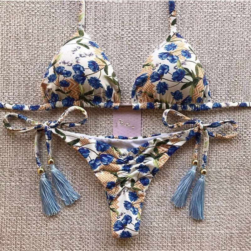 2023 Girls Ties Halter Brazilian Push Up Bikini Tassels Biquini Swimwear Strappy Bandage Swimsuit Beach Wear Bathing Suit Women S~XL MK15