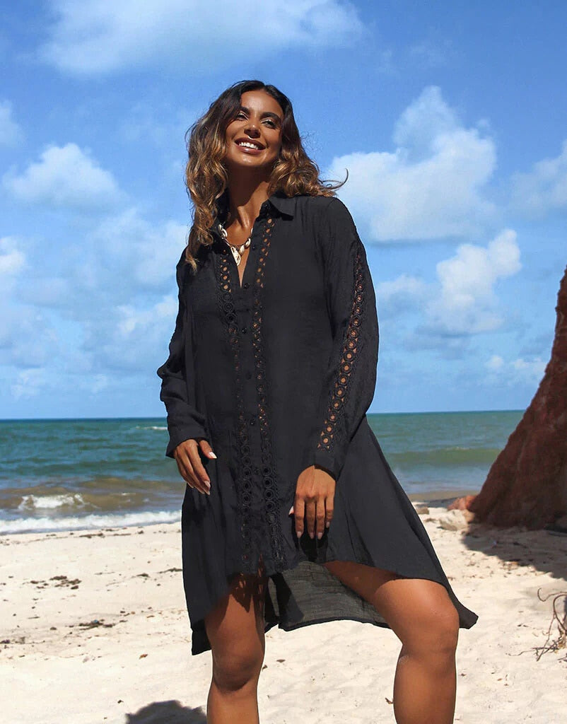 2023 New Women Beach Dress Solid Black White Lace Beachwear Sun Protection Clothes Knitted Swimsuits Women Beach Cover Up Summer VE23038D10 One Size