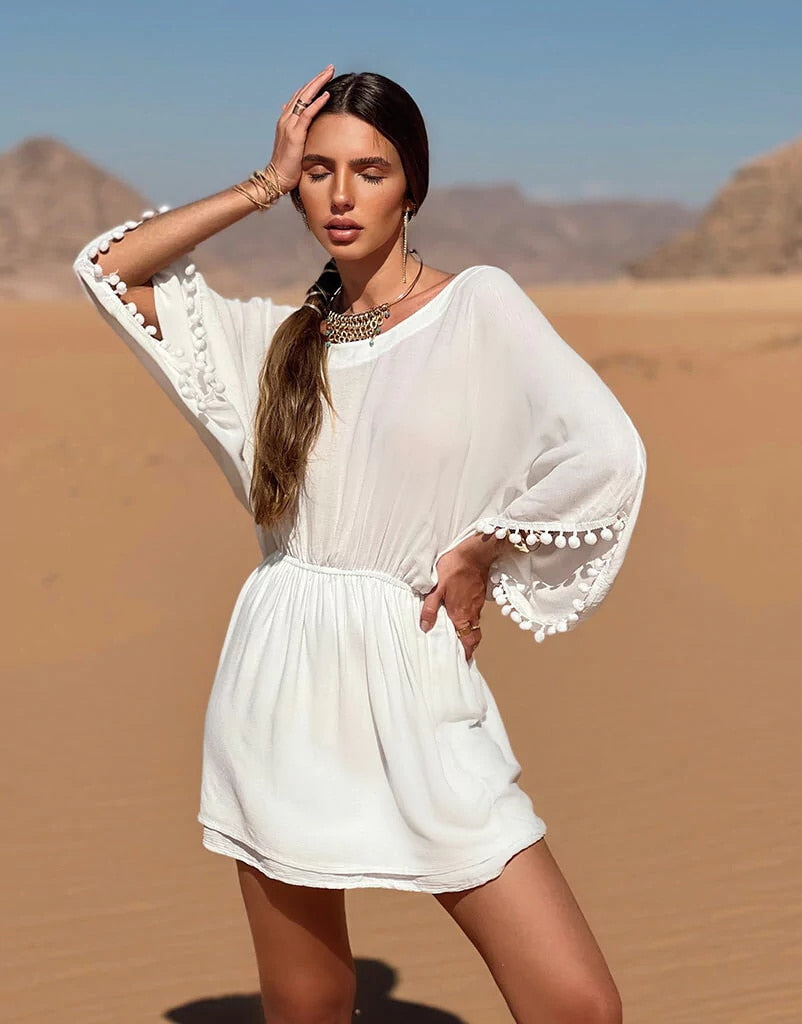 2023 New Women Beach Dress Solid White Tassel Beachwear Sun Protection Clothes Strapless Swimsuits Women Beach Cover Up Summer Default Title