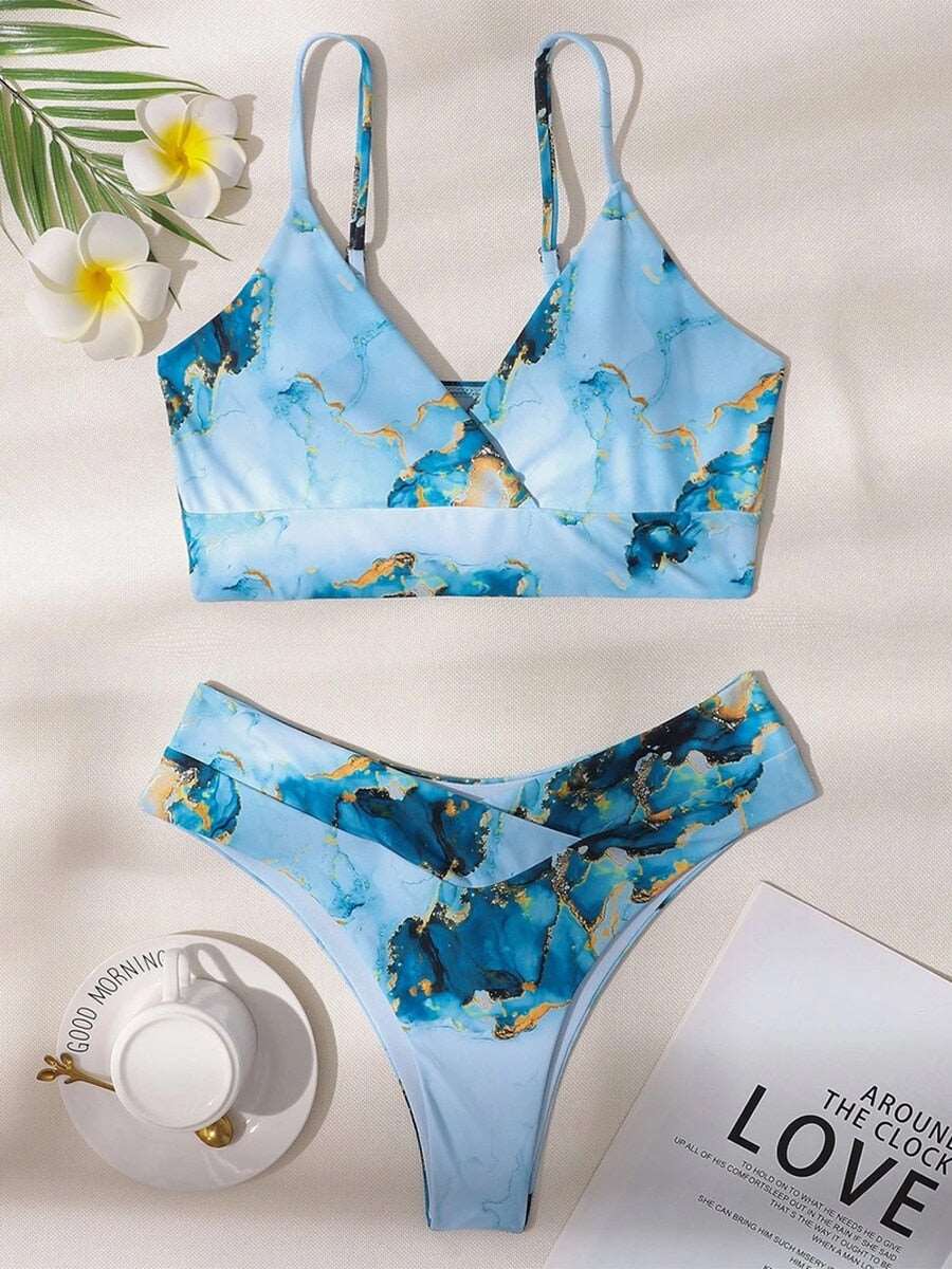 2023 Sexy High Waist Bikini Print Swimsuit Women Swimwear Push Up Set Brazilian Bathing Suit Summer Beach Wear Swimming Biquine 6381 Light Blue