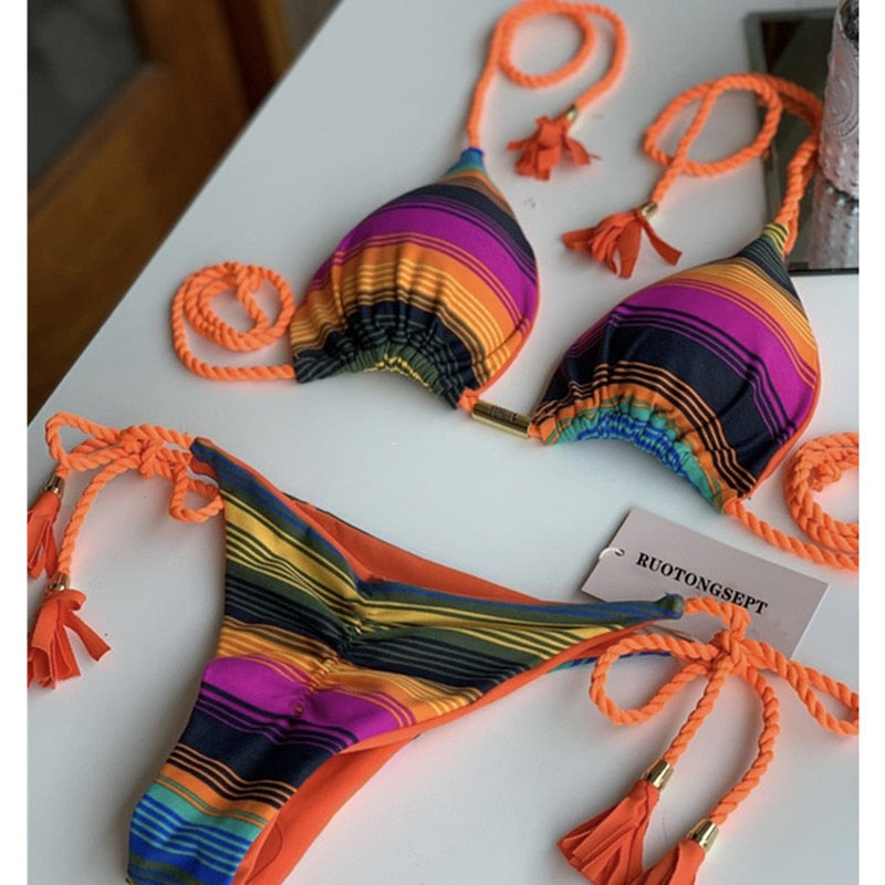 2023 Special Fabric Hand Woven Rope Swimwear Women Brazilian Bikini Set Sexy Thong Swimsuit Two Pieces Bathing Suit