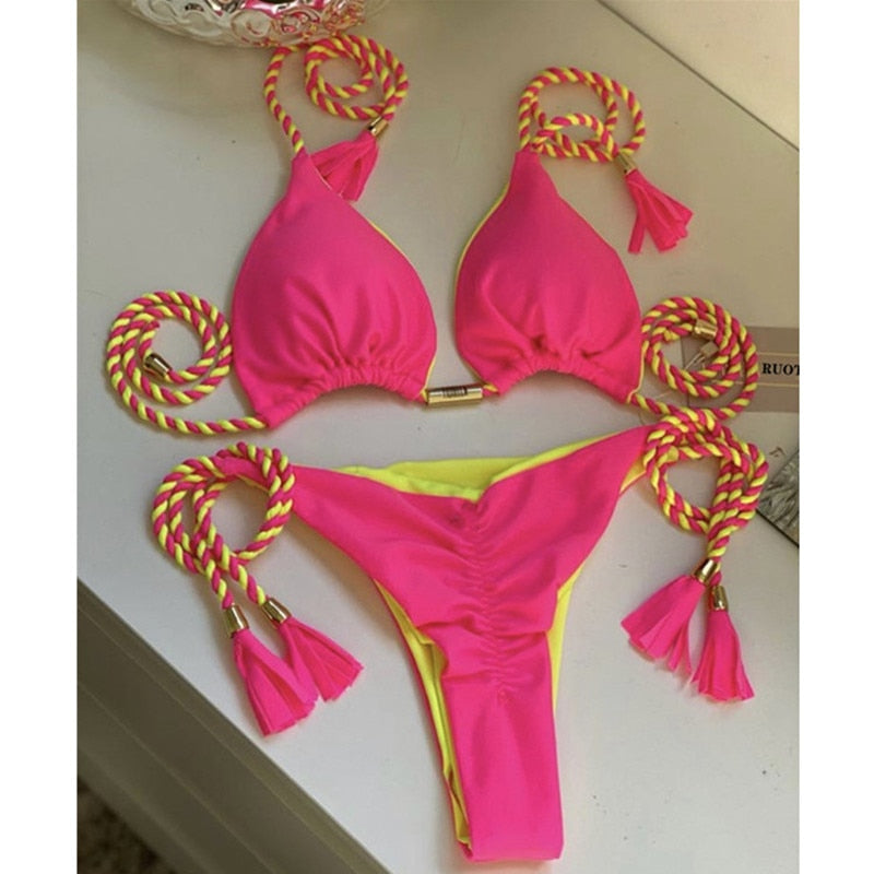 2023 Special Fabric Hand Woven Rope Swimwear Women Brazilian Bikini Set Sexy Thong Swimsuit Two Pieces Bathing Suit