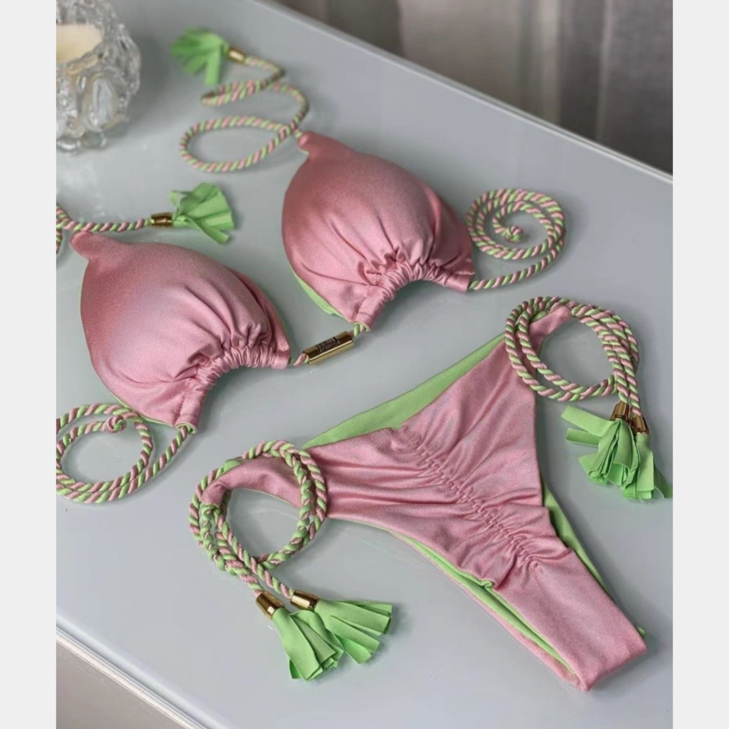 2023 Special Fabric Hand Woven Rope Swimwear Women Brazilian Bikini Set Sexy Thong Swimsuit Two Pieces Bathing Suit