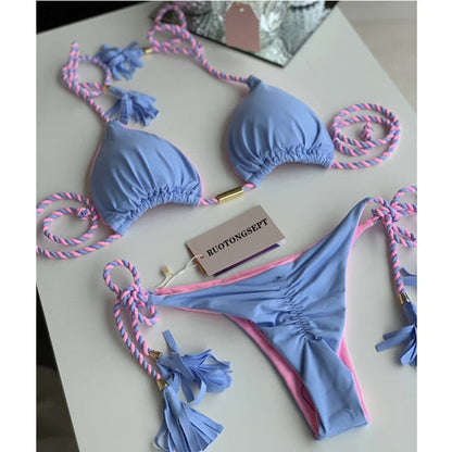 2023 Special Fabric Hand Woven Rope Swimwear Women Brazilian Bikini Set Sexy Thong Swimsuit Two Pieces Bathing Suit 8234