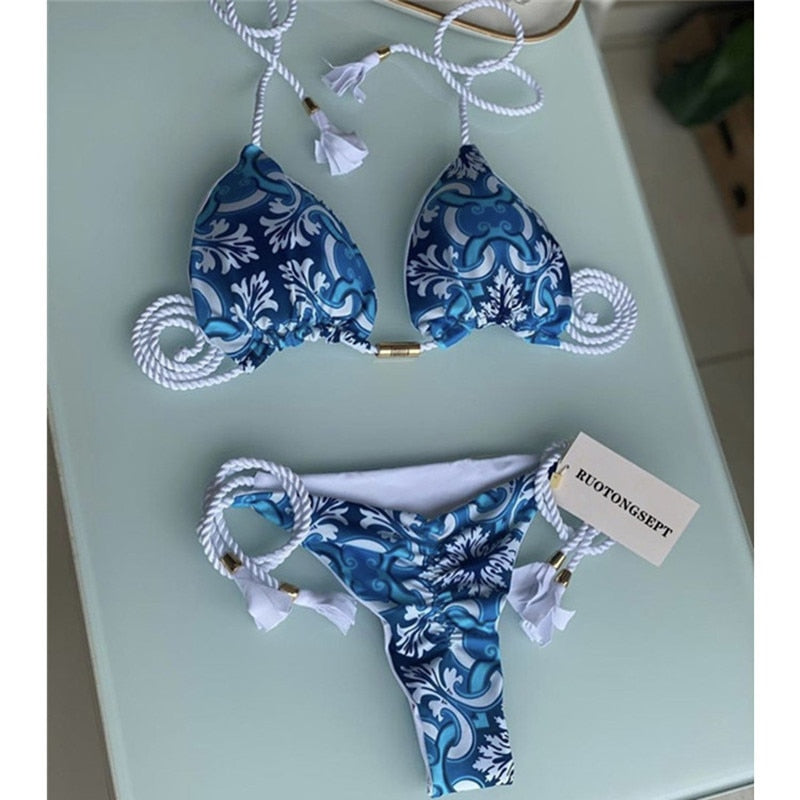 2023 Special Fabric Hand Woven Rope Swimwear Women Brazilian Bikini Set Sexy Thong Swimsuit Two Pieces Bathing Suit 8253