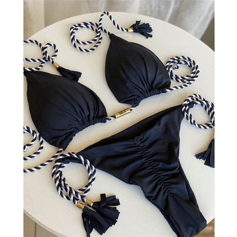 2023 Special Fabric Hand Woven Rope Swimwear Women Brazilian Bikini Set Sexy Thong Swimsuit Two Pieces Bathing Suit