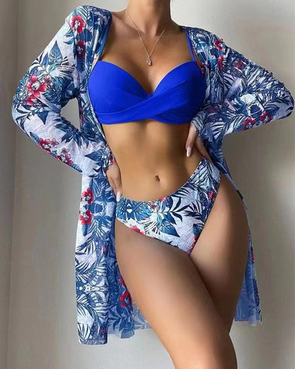 2023 Three Pieces Bikini Set Cover Up Women Sexy New Deep V Neck Swimsuit Print Long Sleeve Swimwear Monokini Bathing Suit Summer Blue