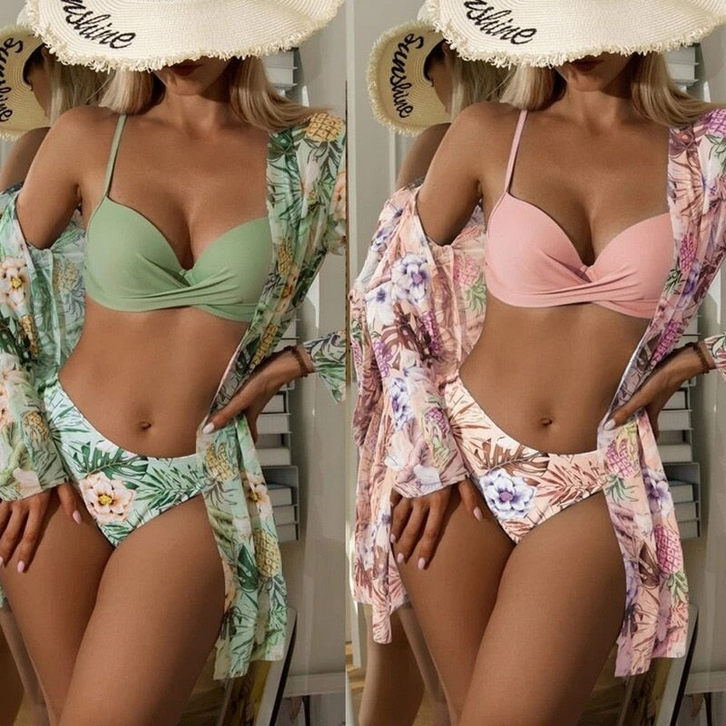 2023 Three Pieces Bikini Set Cover Up Women Sexy New Deep V Neck Swimsuit Print Long Sleeve Swimwear Monokini Bathing Suit Summer