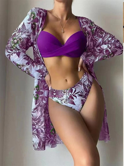 2023 Three Pieces Bikini Set Cover Up Women Sexy New Deep V Neck Swimsuit Print Long Sleeve Swimwear Monokini Bathing Suit Summer Purple