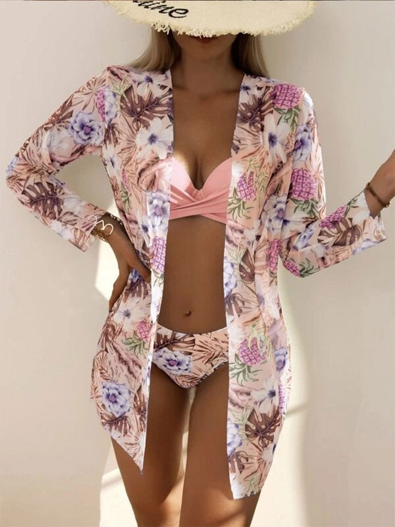 2023 Three Pieces Bikini Set Cover Up Women Sexy New Deep V Neck Swimsuit Print Long Sleeve Swimwear Monokini Bathing Suit Summer