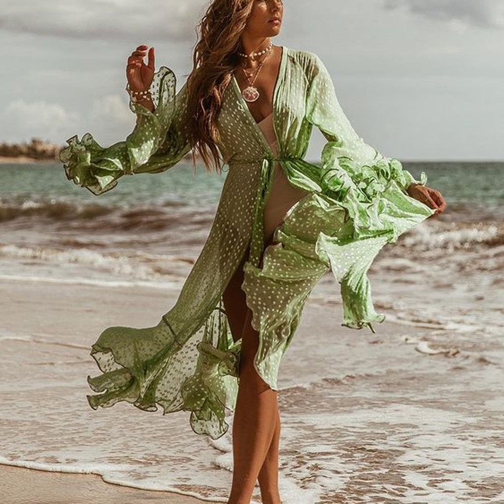 2023 Women Swimsuit Cover Up Sleeve Beach Tunic Dress Robe De Plage Solid White Cotton Pareo High Collar Beachwear 390G One Size