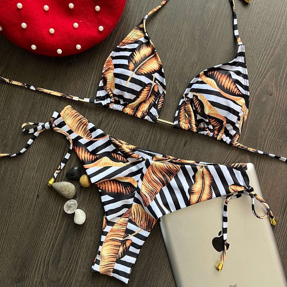 2023 Women Triangle Wrapped Leopard Swimsuit 2-piece Lace-up Bikini Set Ladies Sexy Halter Swimwear Pushup Brazilian Biquini 7601