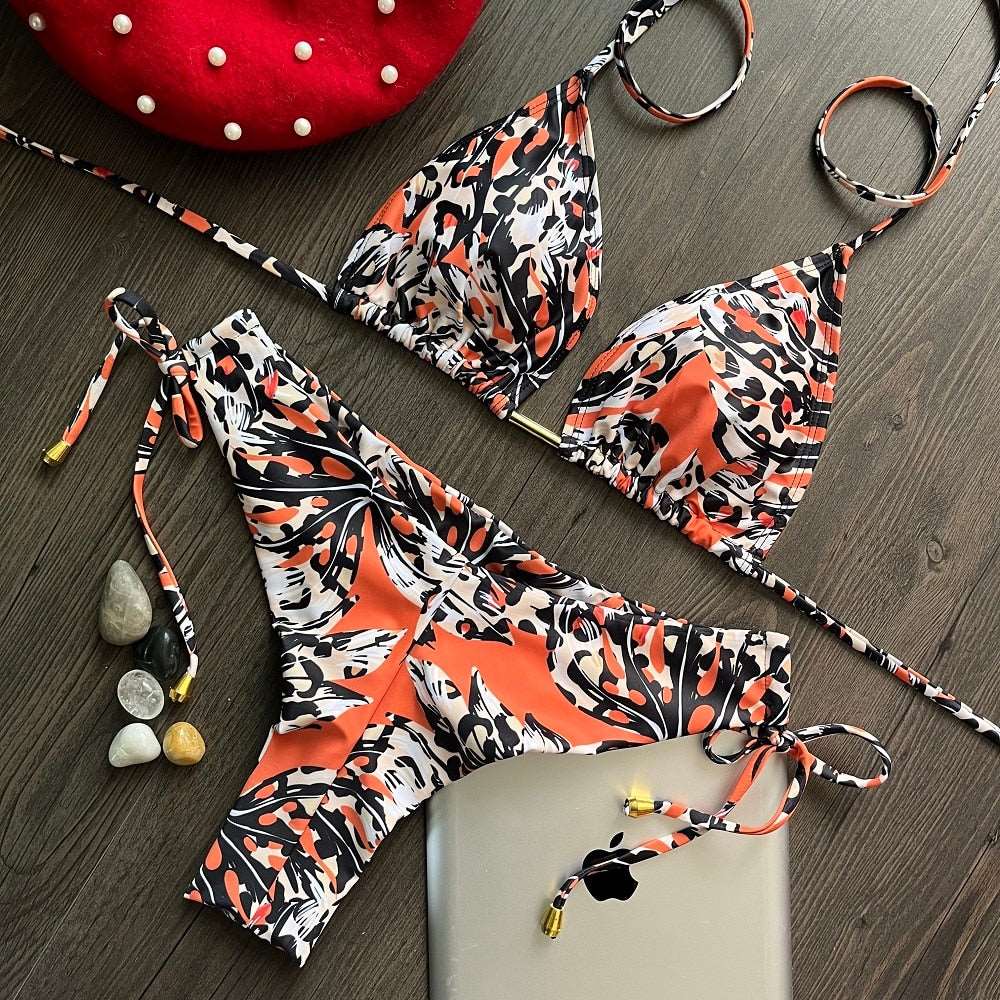 2023 Women Triangle Wrapped Leopard Swimsuit 2-piece Lace-up Bikini Set Ladies Sexy Halter Swimwear Pushup Brazilian Biquini 7603