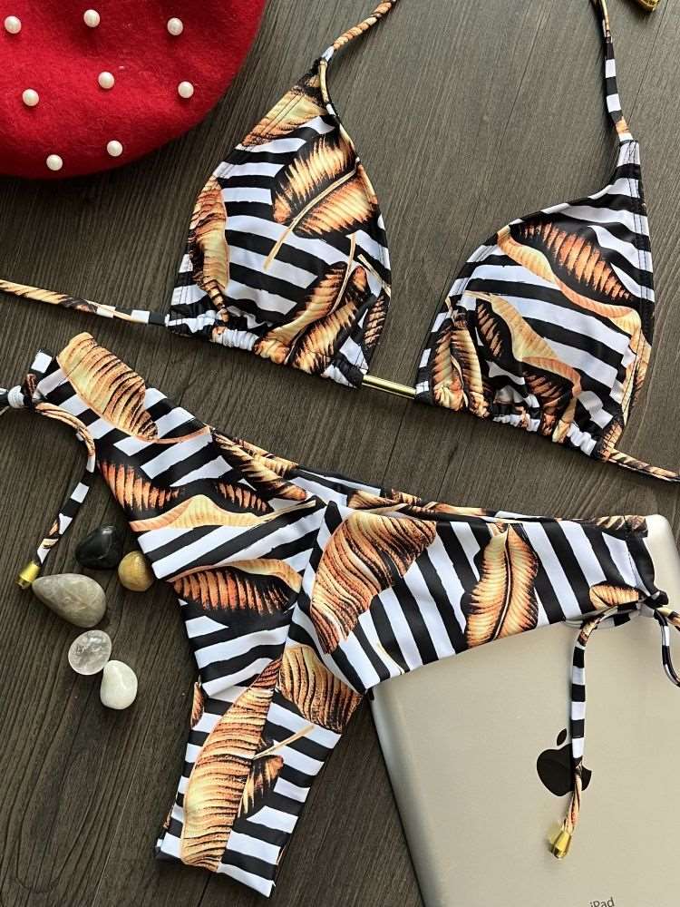 2023 Women Triangle Wrapped Leopard Swimsuit 2-piece Lace-up Bikini Set Ladies Sexy Halter Swimwear Pushup Brazilian Biquini