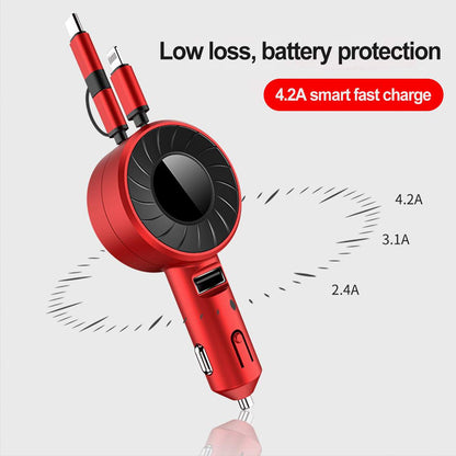 3-IN-1 Car Charger Mobile Phone Adapter For IOS/Android/Type-C USB Retractable Charging Cable 4.2A Fast Charing For Truck