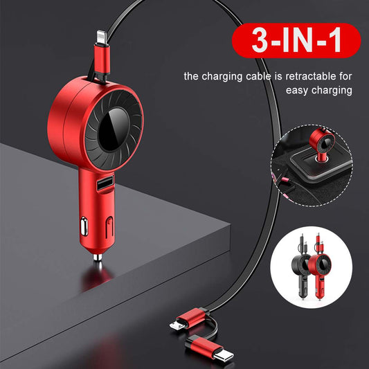 3-IN-1 Car Charger Mobile Phone Adapter For IOS/Android/Type-C USB Retractable Charging Cable 4.2A Fast Charing For Truck