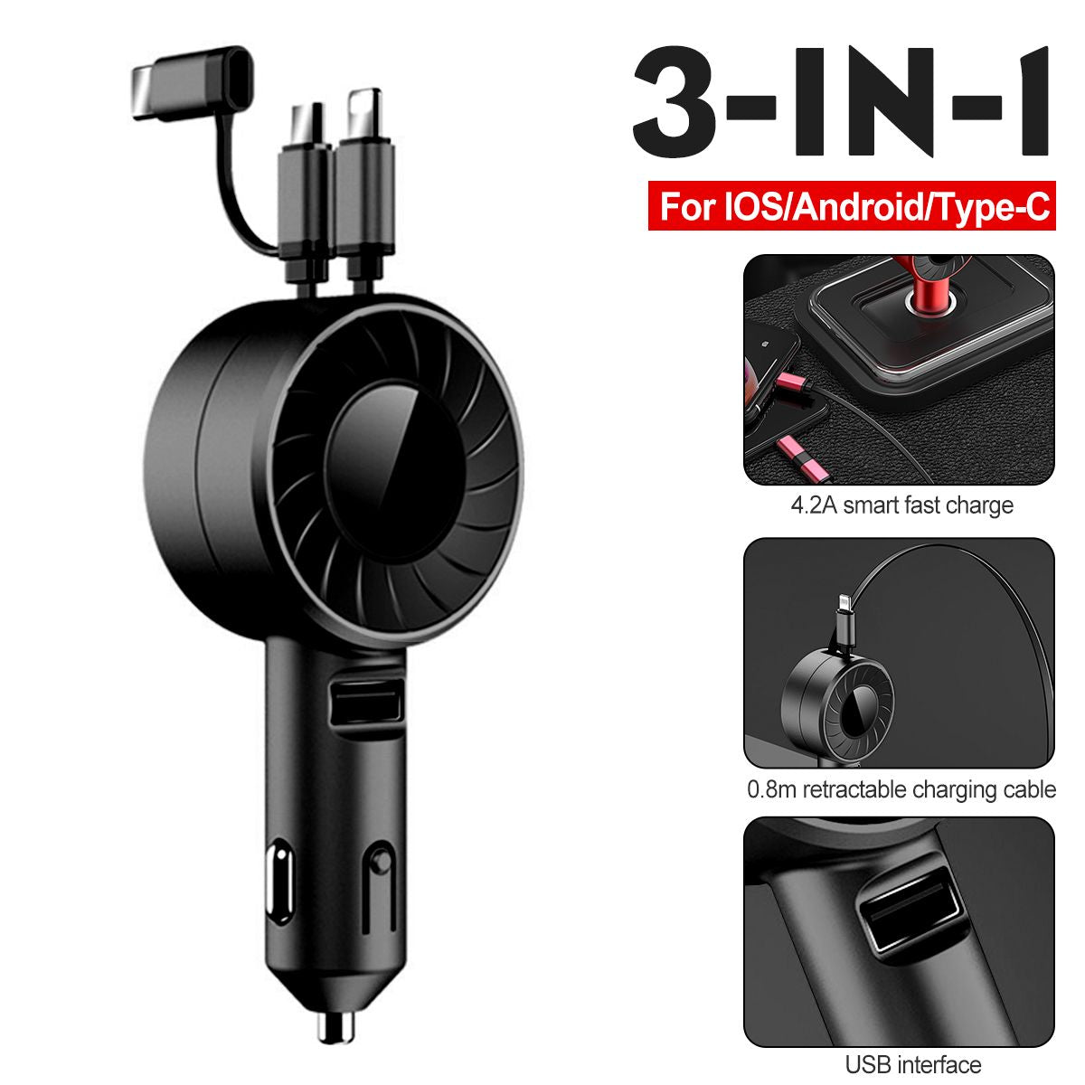 3-IN-1 Car Charger Mobile Phone Adapter For IOS/Android/Type-C USB Retractable Charging Cable 4.2A Fast Charing For Truck BLACK