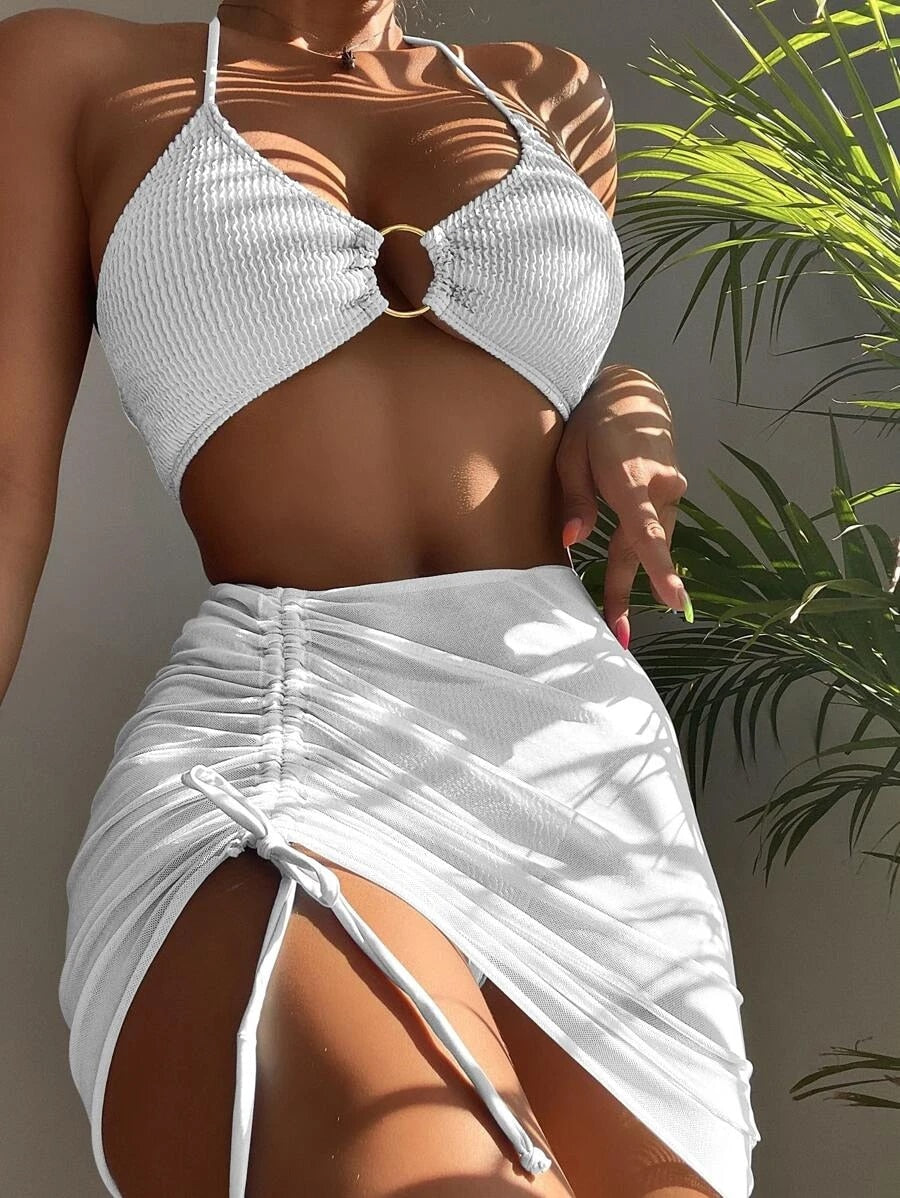 3 Pieces Mesh Mini Ruffle Skirts Women Cover Up Dress Beach Wrap Short Sarongs Bikini Bathing Skirt Women Swimsuit Beachwear White