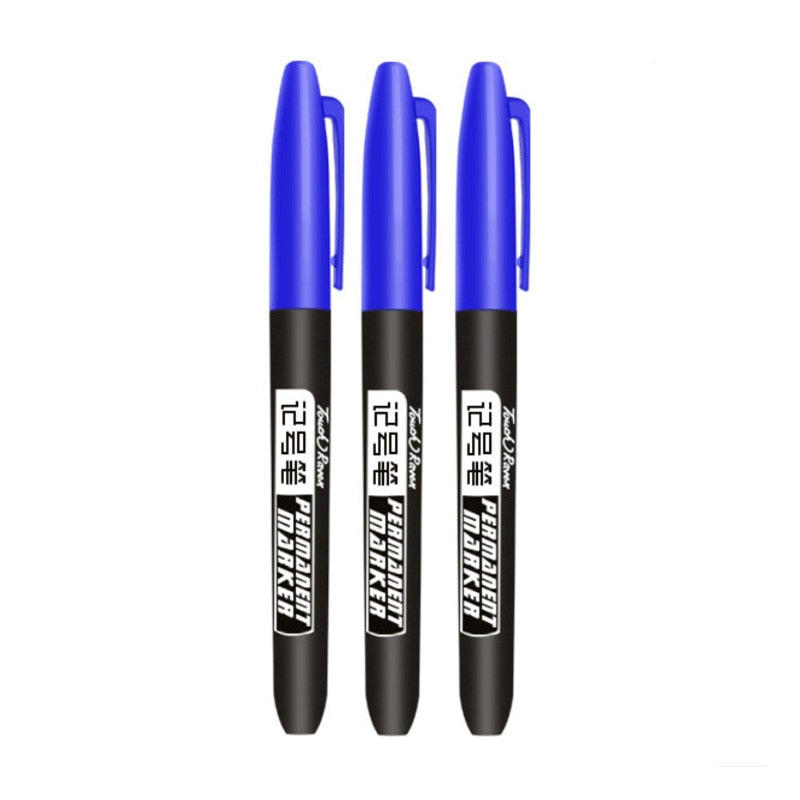 3 pcs/Set Permanent Marker Pen Waterproof Ink Fine Point Black Blue Red Oil Ink 1.5mm Round Toe Fine Color Marker Pens 3 Pcs Blue Set