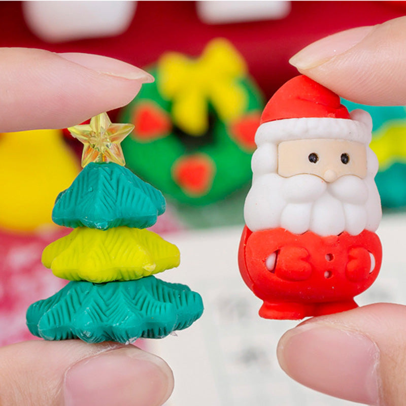 4 Pcs/Set Mini Kawaii Eraser Cartoon Santa Christmas Tree School Office Supplies Rubber Erasers Gift for Kids