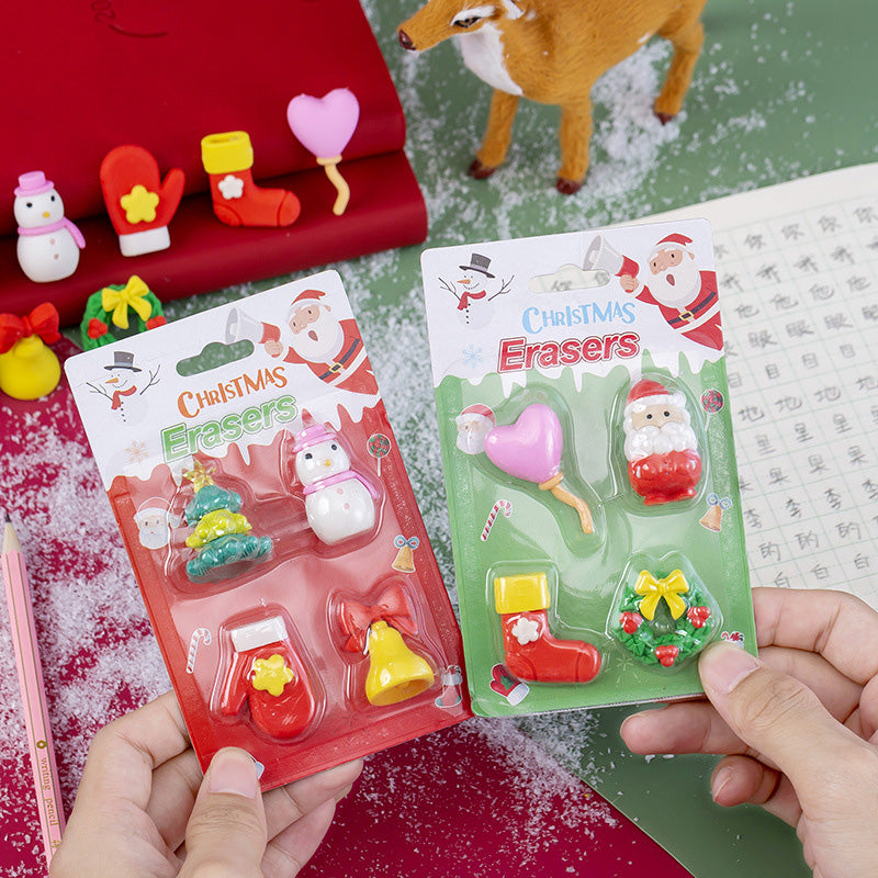 4 Pcs/Set Mini Kawaii Eraser Cartoon Santa Christmas Tree School Office Supplies Rubber Erasers Gift for Kids