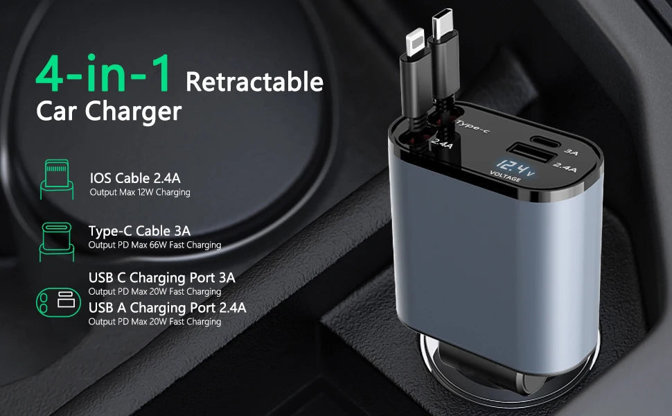 4 in 1 100W Car Charger Retractable USB/Type-C Cable For IPhone Xiaomi Huawei Samsung Fast Charge Cord Cigarette Lighter Adapter Retractable