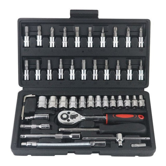 46pcs Car Repair Tool Kit 1/4-Inch Socket Set Car Repair Tool Ratchet Torque Wrench Combo Auto Repairing Set Mechanic Tool Black