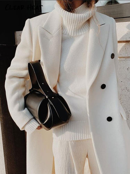 Autumn Winter Thin Section Midi Long Coats Jackets For Women Woolen Double Button Windbreaker Lady Outerwear Overcoat