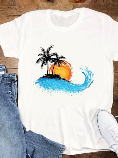 Beach Holiday Summer Graphic T Shirt Short Sleeve Tee Top Cartoon Trend Women Fashion Casual Clothing Female Print T-shirt