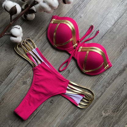 Black Bandage Swimsuit 2023 Sexy Brazilian Bikini Push Up Swimwear Women Micro Bikinis Plus Size Beachwear Shiny Gold Beachwear Rose red