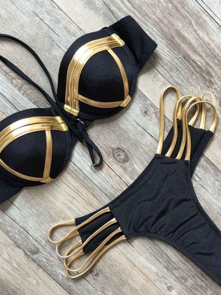 Black Bandage Swimsuit 2023 Sexy Brazilian Bikini Push Up Swimwear Women Micro Bikinis Plus Size Beachwear Shiny Gold Beachwear