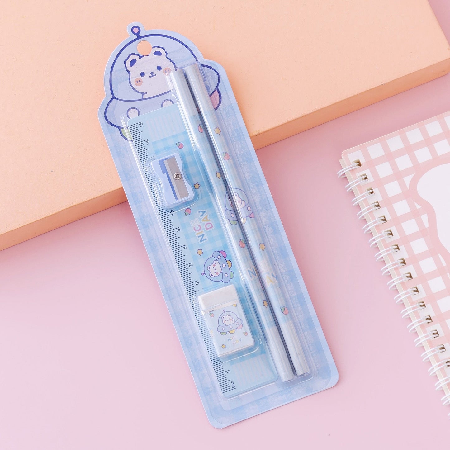 Cartoon HB Pencil School Supplies Set Wooden Pencil Set Cartoon Art Supplies Stationery Gifts Students Children's Blue bear