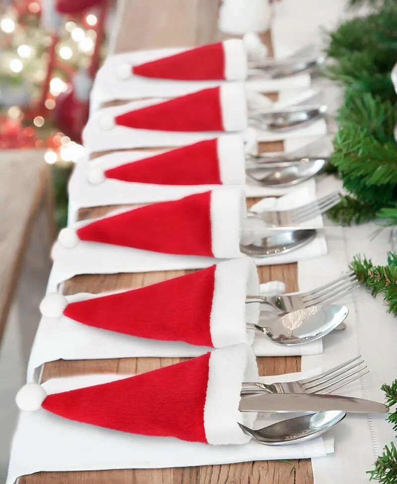 Christmas Cutlery Bag Christmas Hat Tableware Fork Knife Spoon Holder Bag Christmas Decorations Party Ornaments Xmas Home Decor